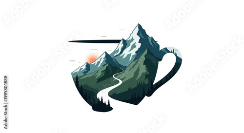 Mountain Landscape Inside Coffee Cup, Nature Scene, Sunrise, Adventure Concept