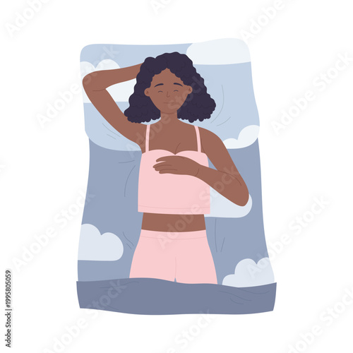 Relaxed girl sleeping in bedroom. Dreaming woman in bed, night bedtime cartoon vector illustration