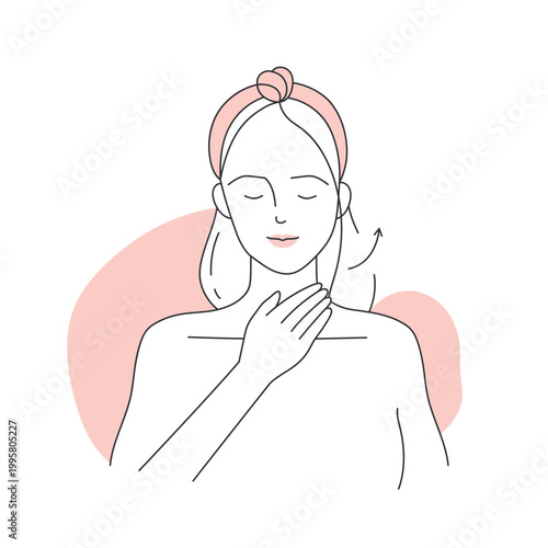 Woman doing neck self massage. Applying facial serum treatment line vector illustration