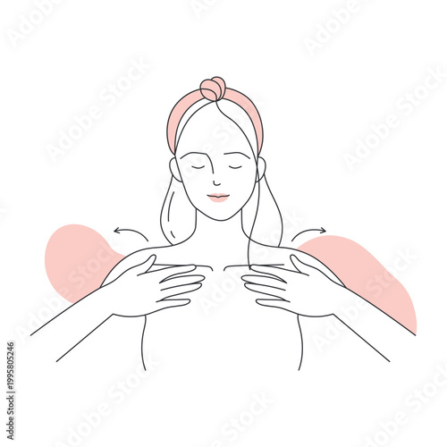 Neck massage with face serum. Face building, beauty skin care routine line vector illustration