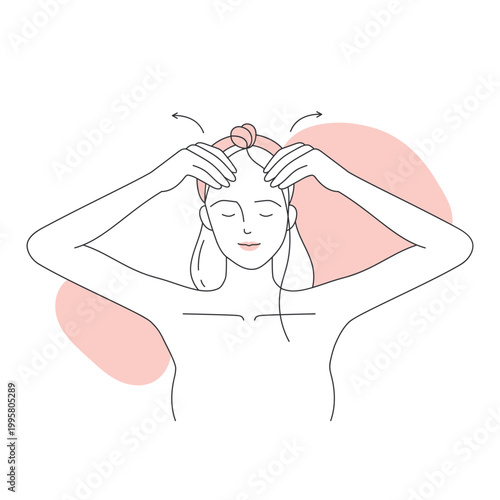 Forehead massage with serum. Beauty skin care routine, face treatment line vector illustration
