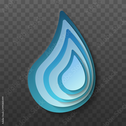 Clean blue water drop icon in modern  3 D paper cut style. Ideal for ecology, hydration, environment and fluid concepts.