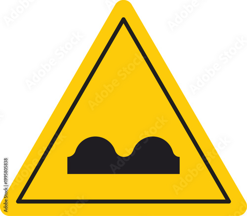 Yellow triangular warning sign for uneven road surface representing a hazard or caution for drivers isolated on white background