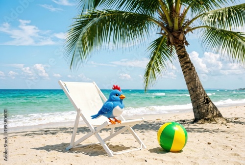 Blue Cartoon Bird Sitting on Beach Chair Near Palm Tree