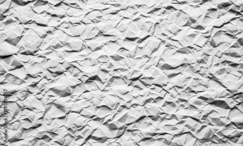 Crumpled white paper texture vector background, wrinkled parchment surface with realistic shadows, distressed paper material for graphic design