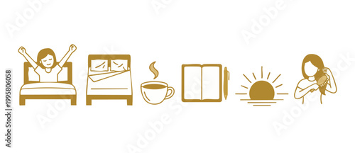 Morning Routine Icons Set, Daily Habit Illustrations, Bed Wake Up Coffee Journal Sunrise Hair Brushing Gold Vector Symbols for Wellness Lifestyle Planner and Healthy Schedule Graphic Design Elements