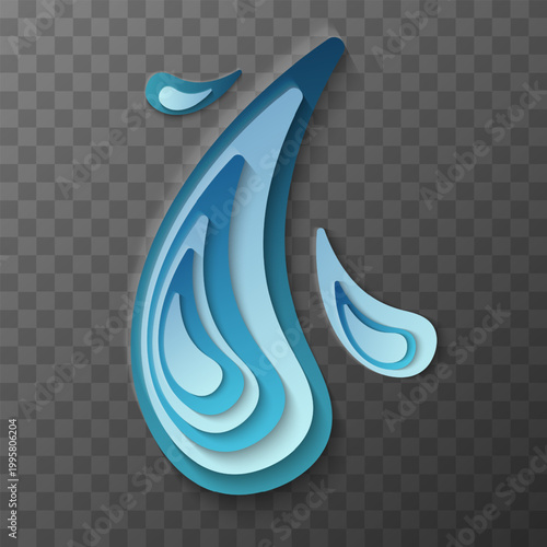 Clean blue water drop icon in modern  3 D paper cut style. Ideal for ecology, hydration, environment and fluid concepts.