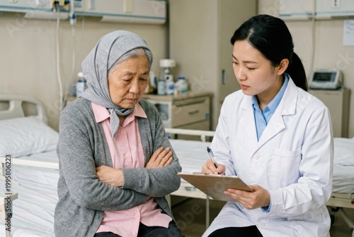Elderly Woman Speaking with Female Doctor in Hospital Room