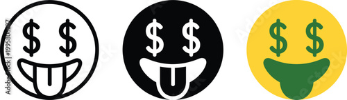 Money Face Emoji Set with Dollar Sign Eyes and Grinning Expressions, Vector Illustration Collection Representing Wealth, Rich Lifestyle, Financial Success, and Prosperity Icons for Digital Design