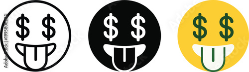 Money Face Emoji Set with Dollar Sign Eyes and Grinning Expressions, Vector Illustration Collection Representing Wealth, Rich Lifestyle, Financial Success, and Prosperity Icons for Digital Design