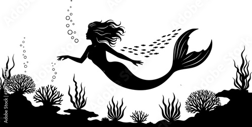 Black and white mermaid silhouette illustration for fantasy and ocean-themed designs.
