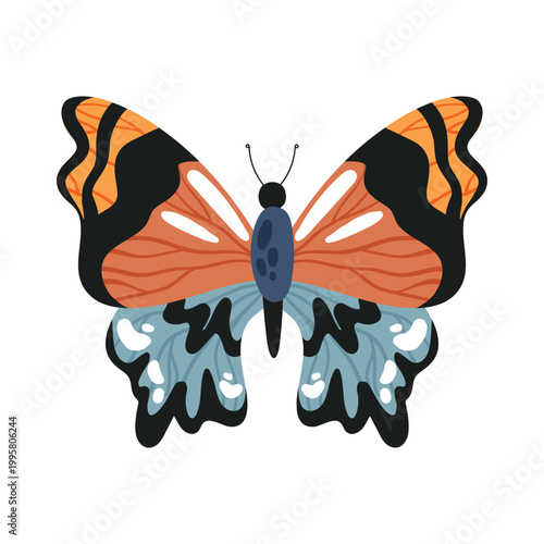 Cartoon colorful hand drawn butterfly flying vector illustration isolated