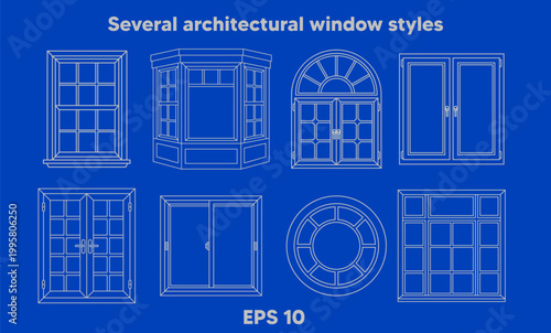 Fényképezés Several architectural window styles are displayed as white line drawings on a vi