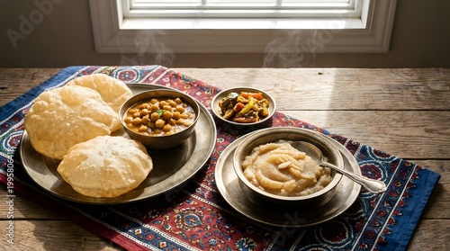 Traditional Pakistani Breakfast with Halwa Puri, Chana Curry and Pickles, Cozy Morning Flat Lay with Sunlight