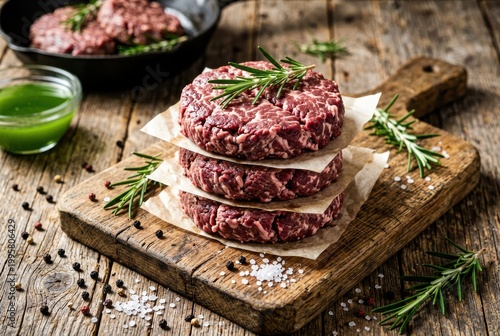 Fresh Raw Beef Burger Patties Stacked on Wooden Cutting Board