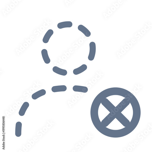 Dotted line person icon with prohibition sign on white background indicating restricted or banned user symbol
