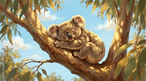 Koala Bear Sleeping Peacefully on Tree Branch