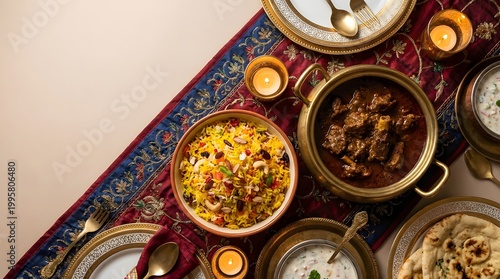 Elegant Pakistani Festive Dinner with Mutton Korma and Zarda, Ornate Table Setting with Gold Cutlery and Warm Lighting