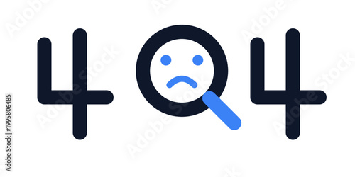 404 error page not found icon with sad face magnifying glass on white background symbolizing internet search failure