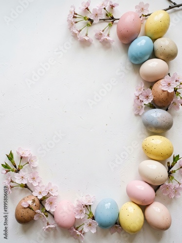 Pastel Easter Eggs and Cherry Blossoms Arranged in a Curved Frame