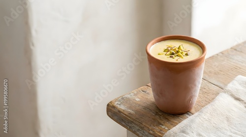 Refreshing Mango Lassi in Clay Glass with Pistachios and Saffron, Rustic Minimal Styling with Soft Light