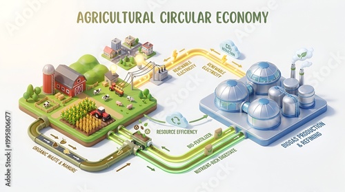 Isometric 3D infographic, agricultural circular economy concept, modern biogas plant, green energy