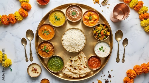 Traditional Indian Thali with Curries Rice Naan and Chutneys on Brass Platter, Vibrant Festive Flat Lay on Marble Background