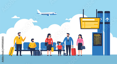 Family waiting at airport terminal with luggage and flight information board modern flat vector illustration travel departure concept with airplane in sky