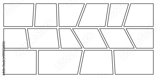 Dynamic Comic Strip Layout with Angled Panels Creating Visual Rhythm, Emphasizing Story Flow Through Unique Frame Composition, Ideal for Graphic Novels, Manga, Sequential Art Projects, Embodying Energ