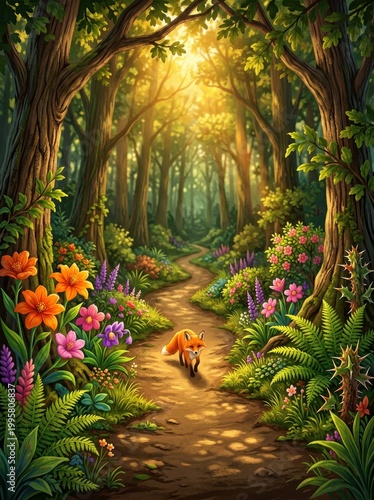 Red Fox Walking Along a Sunlit Forest Trail