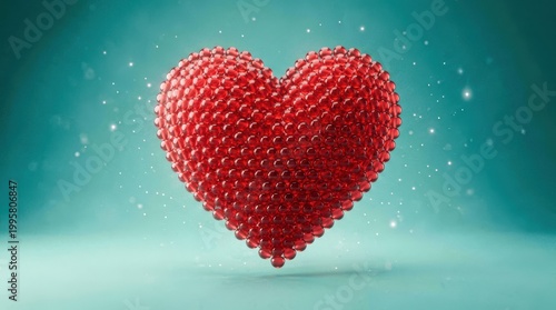 Red Heart Made of Glass Beads Floating in Soft Light