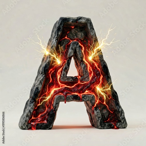 Rock Letter A with Glowing Lava and Electric Sparks