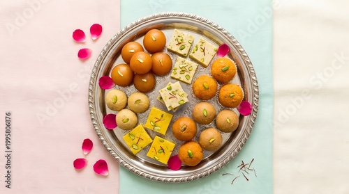 Elegant Assortment of Gulab Jamun, Barfi and Ladoo on Carved Silver Tray with Rose Petals and Saffron, Festive Flat Lay