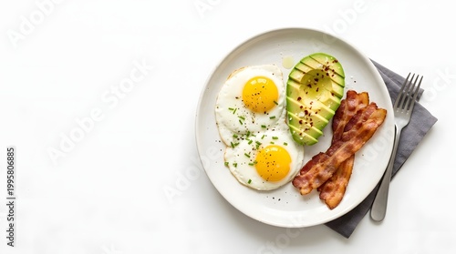 Keto Breakfast Plate with Eggs Avocado and Bacon, Minimal Diet Concept on White Background with Copy Space