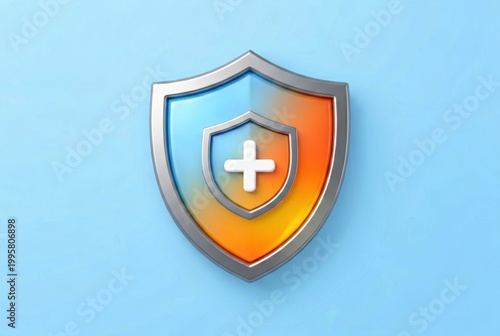 Shield Icon with Plus Symbol on Blue Background