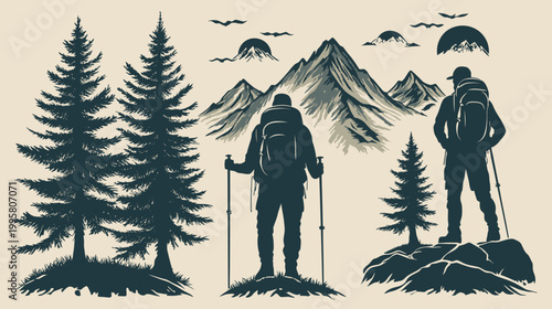 Silhouettes of hikers, mountains, trees, and birds against a neutral background. Outdoor adventure