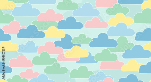 Pastel Clouds Seamless Pattern, Cute Sky Background, Dreamy Weather Vector Art