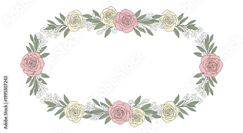 Oval Floral Wreath with Roses and Greenery - Elegant Decorative Border Element