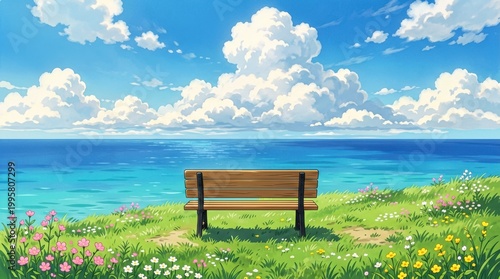 Wooden Bench Overlooking Calm Ocean under Bright Sky