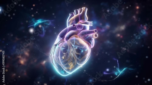 Animated digital human heart beat inside futuristic glass lab chamber