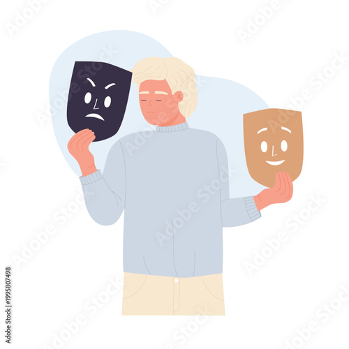 Multiple personality disorder. Mental problem, split personality illness cartoon vector illustration