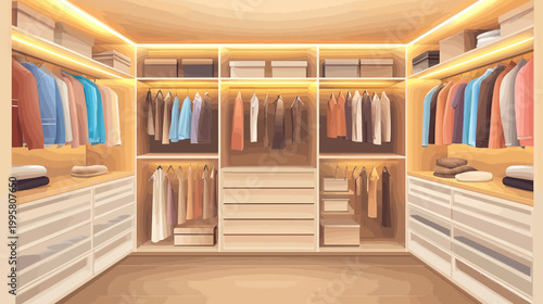 Cartoon-style illustration depicts a walk-in closet with shelves, drawers, and hanging clothes