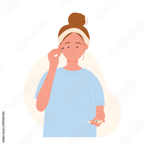 Girl applying eyeshadows. Decorative cosmetics palette with different colors cartoon vector illustration