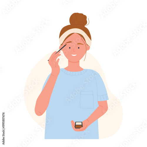 Girl drawing her eyebrows. Decorative makeup cosmetics, brows painting cartoon vector illustration