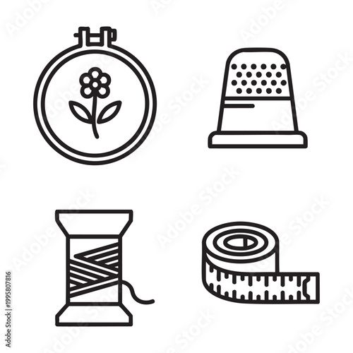 Craft Bold Line Art icon set with Hoop Thimble Spool Tape