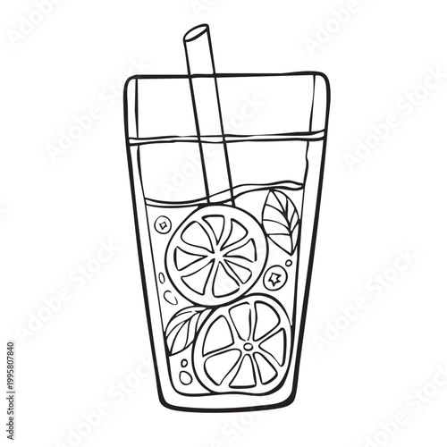 Detailed hand drawn water glass with fresh lemon slices and drinking straw.