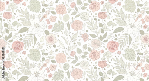 Pastel Floral Pattern Seamless Background, Delicate Rose Blossom and Leaves