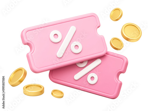 Discount tickets with percentage symbols and gold coins