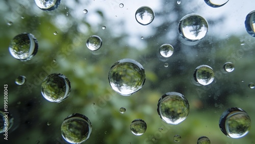 Rainfall Drops on Window with Blurred Nature Background