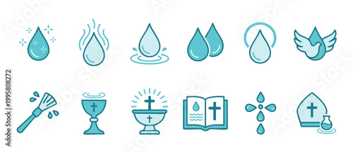 Baptism Icons Set, Christian Holy Water Symbols for Church Design, Religious Ritual Elements, Faith and Spiritual Cleansing Graphics, Catholic Ceremony Objects, Vector Flat Illustration Collection